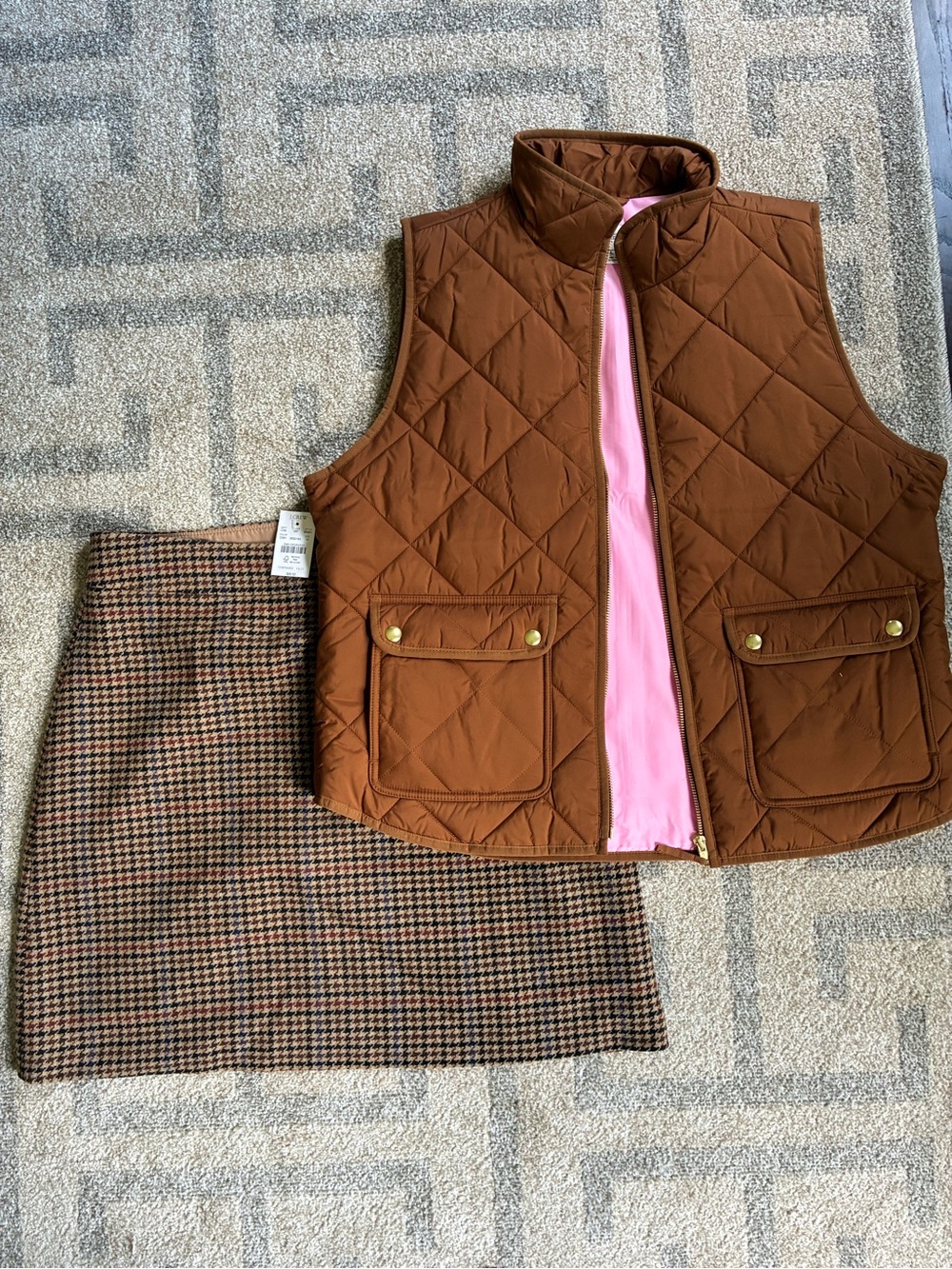 J. Crew Brown Quilted Vest with Brown Houndstooth Skirt